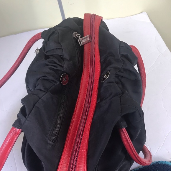 MOSCHINO Vintage 90s Nylon Leather Shoulder Bag Hobo Zipper Pocket Red Logo Tote - Picture 5 of 16